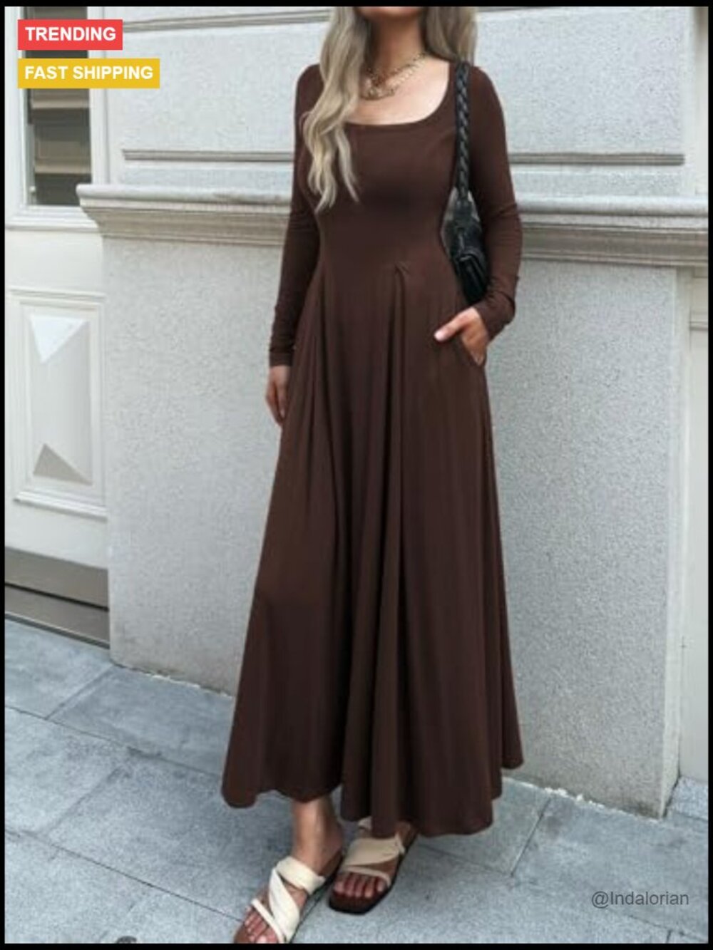 Long Sleeve Square Neck Maxi Dress A-Line Pleated Flowy with Pockets - Picture 4 of 6